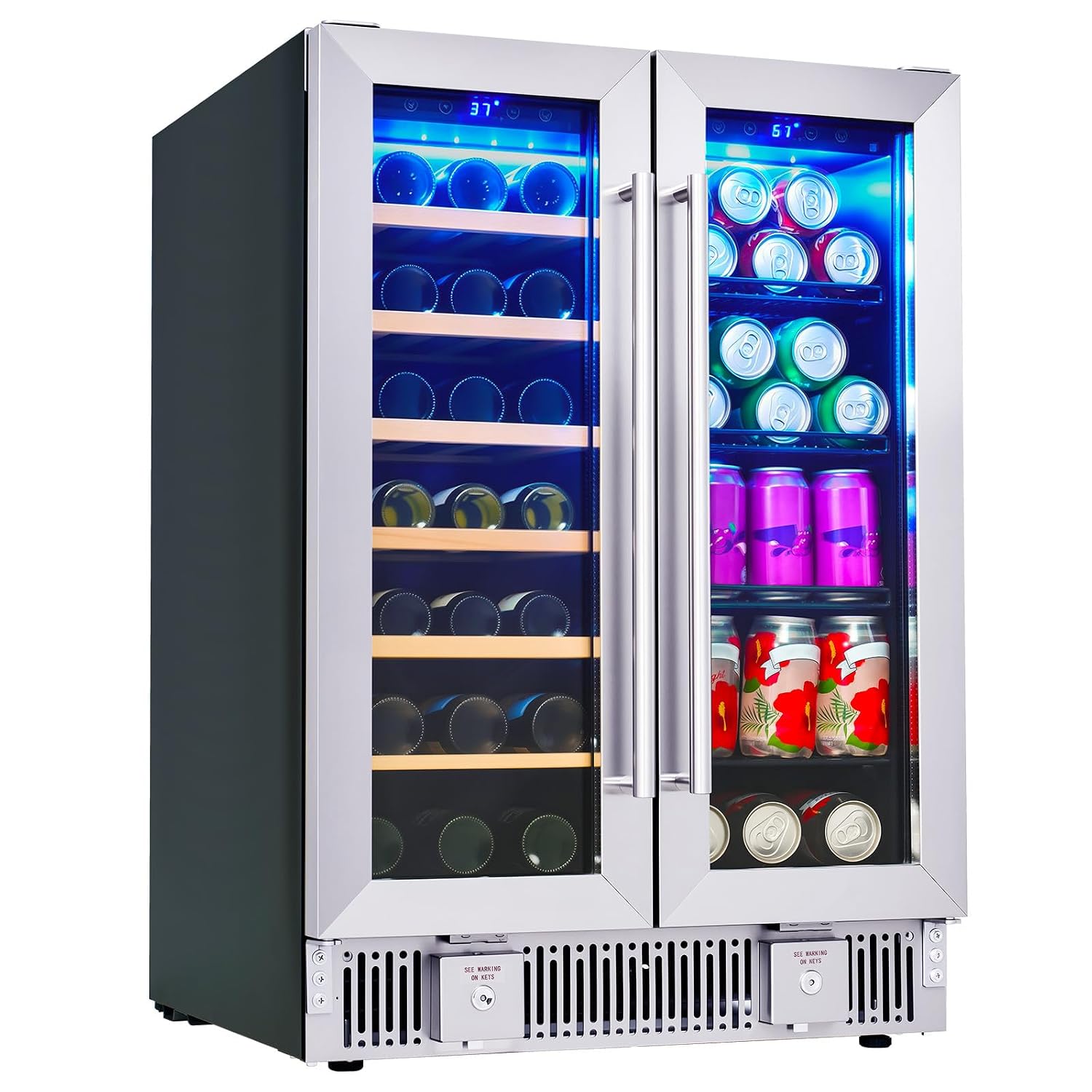 Wine Beer Fridge Under Counter - 飲料用冷蔵庫、24インチデュアルゾーンワイン・ビール冷蔵庫（ガラス扉付き）、自立型/カウンター下設置型クーラー、カスタマイズ可能