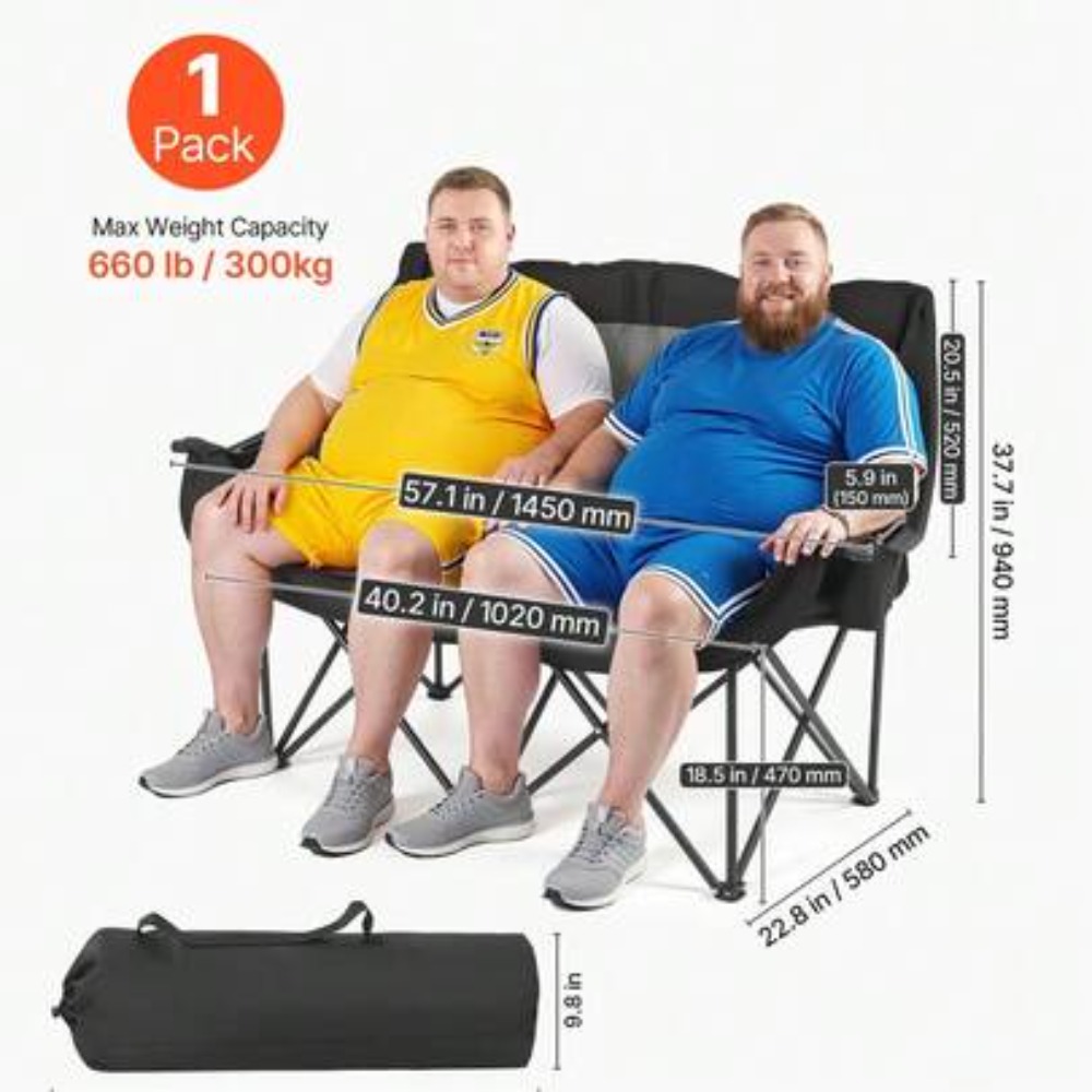 Wine Bag Carry Two - 二人用大型ダブルキャンプチェア、耐荷重660ポンド、デュアルカップホルダー、ワイングラスホルダー、マガジンストラップ、キャリーバッグ付き、ポータブル折りたたみ式、アウトドアビーチ、ピクニック、テールゲート、パティオ用シート、グレー