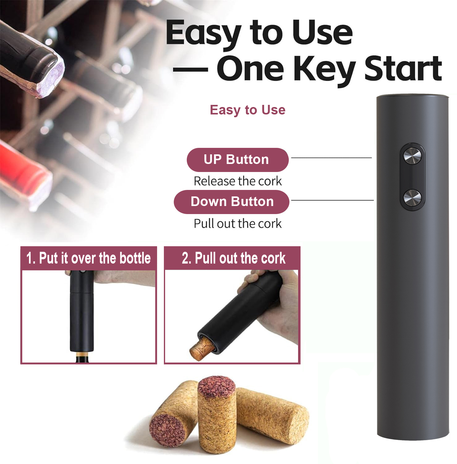 Wine Opener Electric - フォイルカッター付き電気ワインオープナー、ブラックコークスクリュー、バッテリー付き自動ワインオープナー、ワインアクセサリー